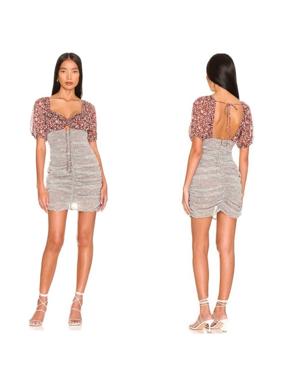 FREE PEOPLE Tessa Floral Ruched Mini Dress “Storm Combo” Size Medium NWT